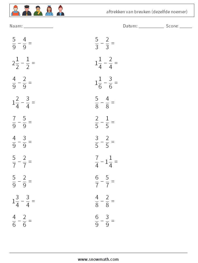 (20) aftrekken van breuken (dezelfde noemer) Wiskundige werkbladen 4