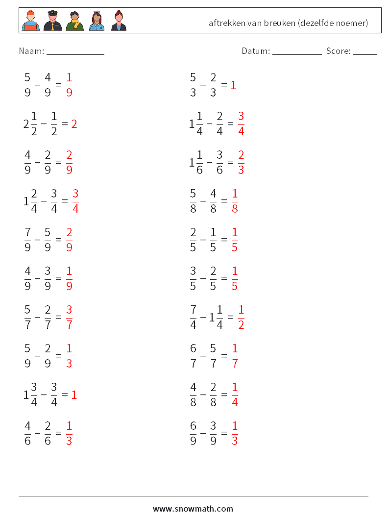 (20) aftrekken van breuken (dezelfde noemer) Wiskundige werkbladen 4 Vraag, Antwoord