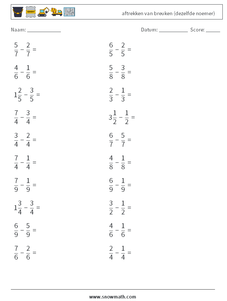 (20) aftrekken van breuken (dezelfde noemer) Wiskundige werkbladen 5