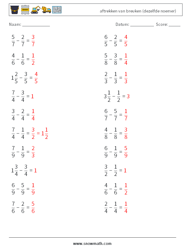 (20) aftrekken van breuken (dezelfde noemer) Wiskundige werkbladen 5 Vraag, Antwoord
