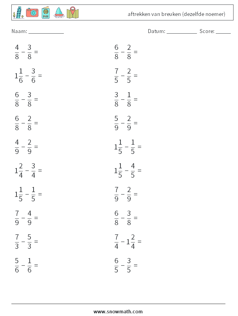 (20) aftrekken van breuken (dezelfde noemer) Wiskundige werkbladen 6