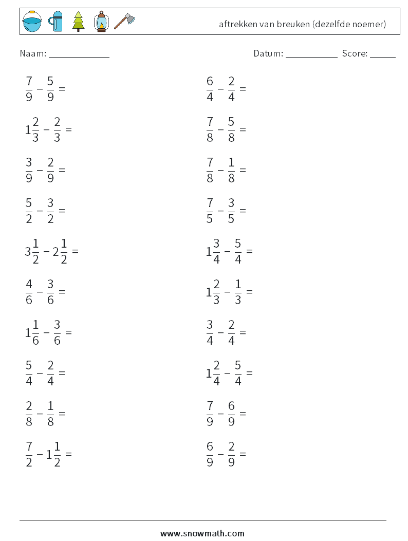 (20) aftrekken van breuken (dezelfde noemer) Wiskundige werkbladen 7