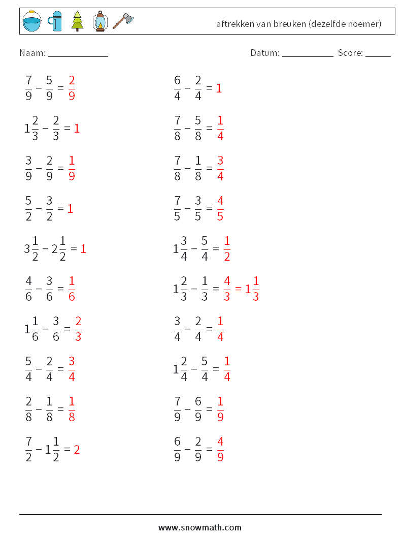 (20) aftrekken van breuken (dezelfde noemer) Wiskundige werkbladen 7 Vraag, Antwoord