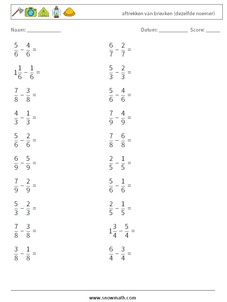 (20) aftrekken van breuken (dezelfde noemer) Wiskundige werkbladen 8