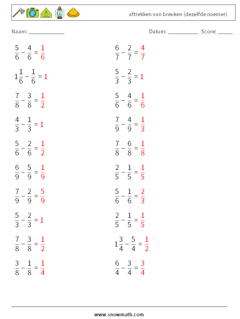 (20) aftrekken van breuken (dezelfde noemer) Wiskundige werkbladen 8 Vraag, Antwoord