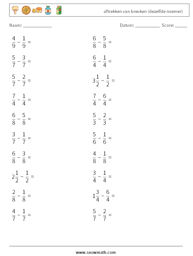 (20) aftrekken van breuken (dezelfde noemer) Wiskundige werkbladen 9