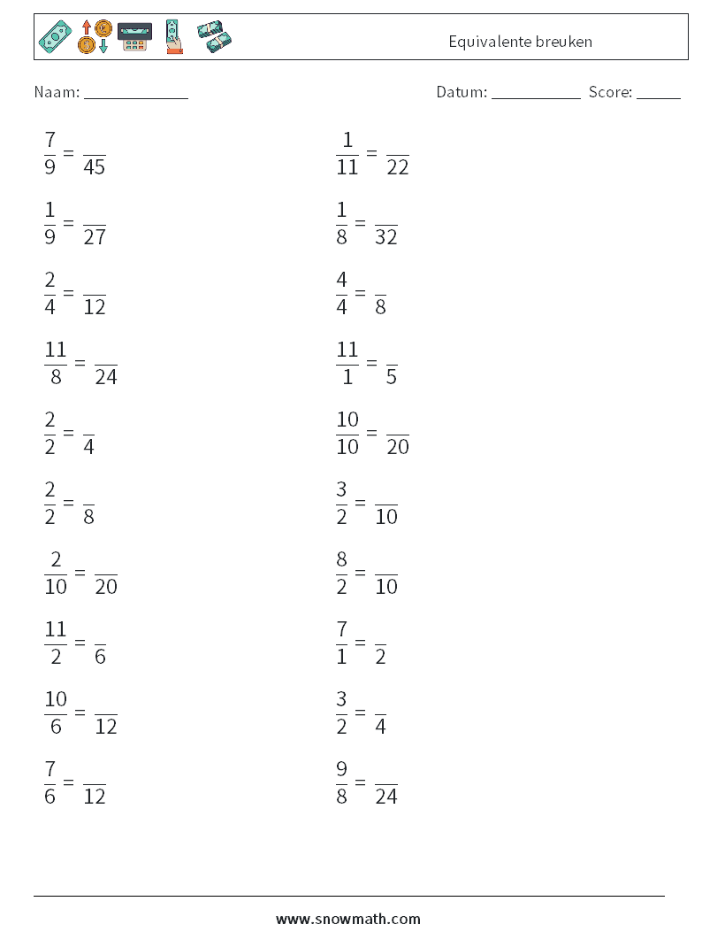 (20) Equivalente breuken Wiskundige werkbladen 1