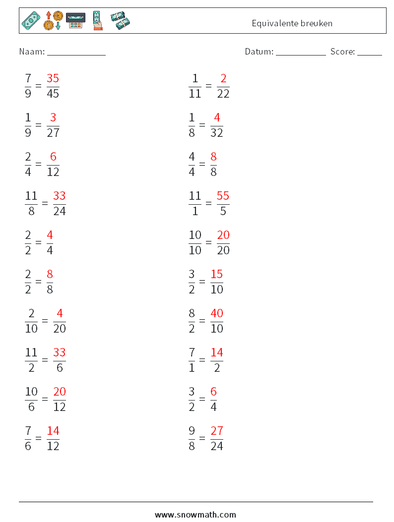 (20) Equivalente breuken Wiskundige werkbladen 1 Vraag, Antwoord