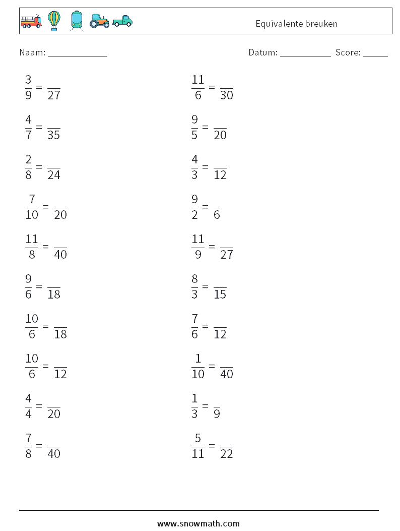 (20) Equivalente breuken Wiskundige werkbladen 2
