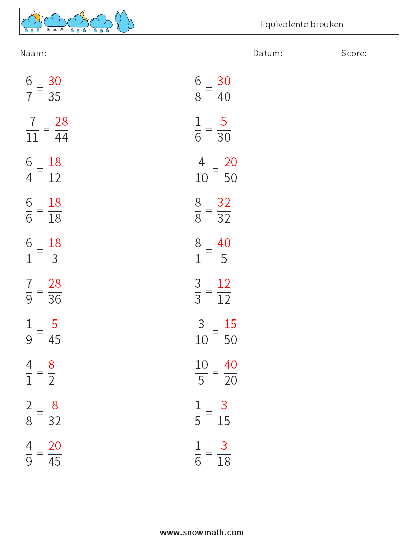 (20) Equivalente breuken Wiskundige werkbladen 3 Vraag, Antwoord