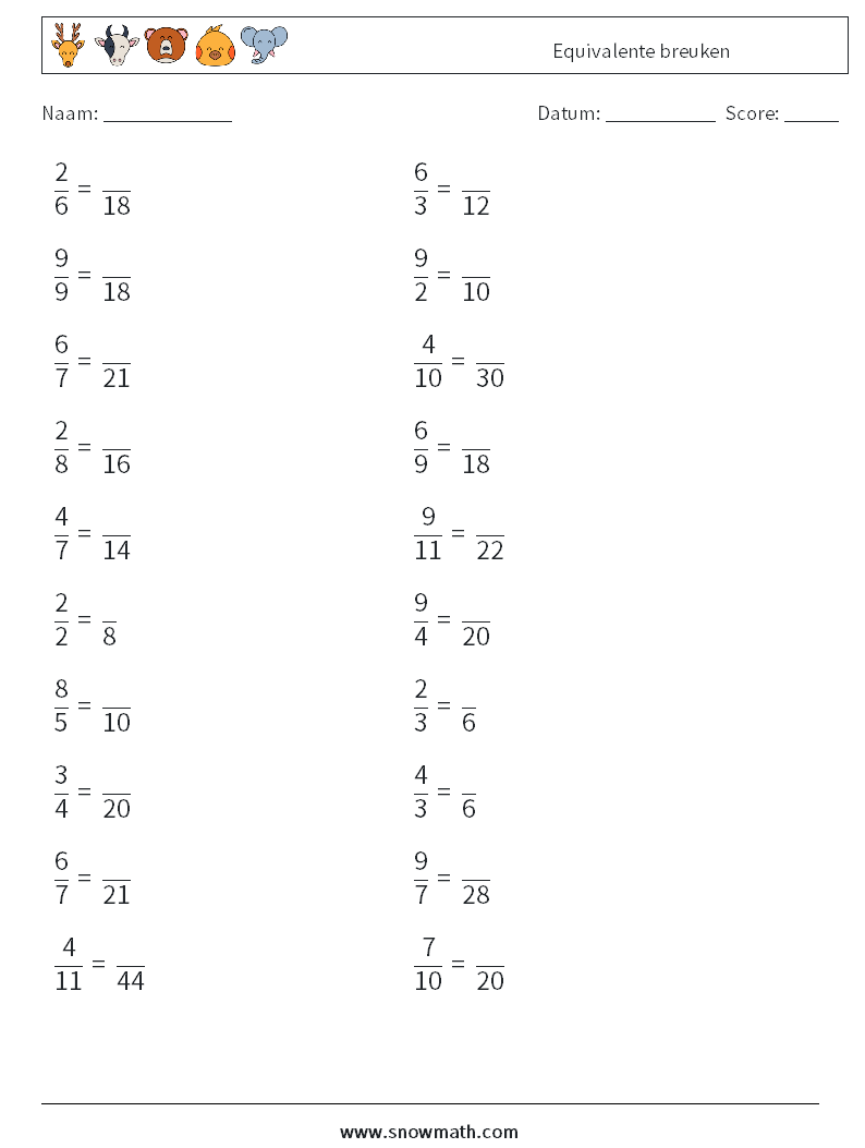 (20) Equivalente breuken Wiskundige werkbladen 4