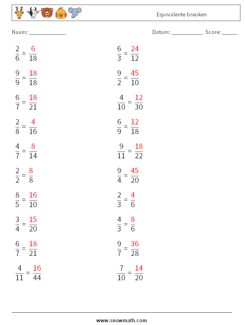 (20) Equivalente breuken Wiskundige werkbladen 4 Vraag, Antwoord