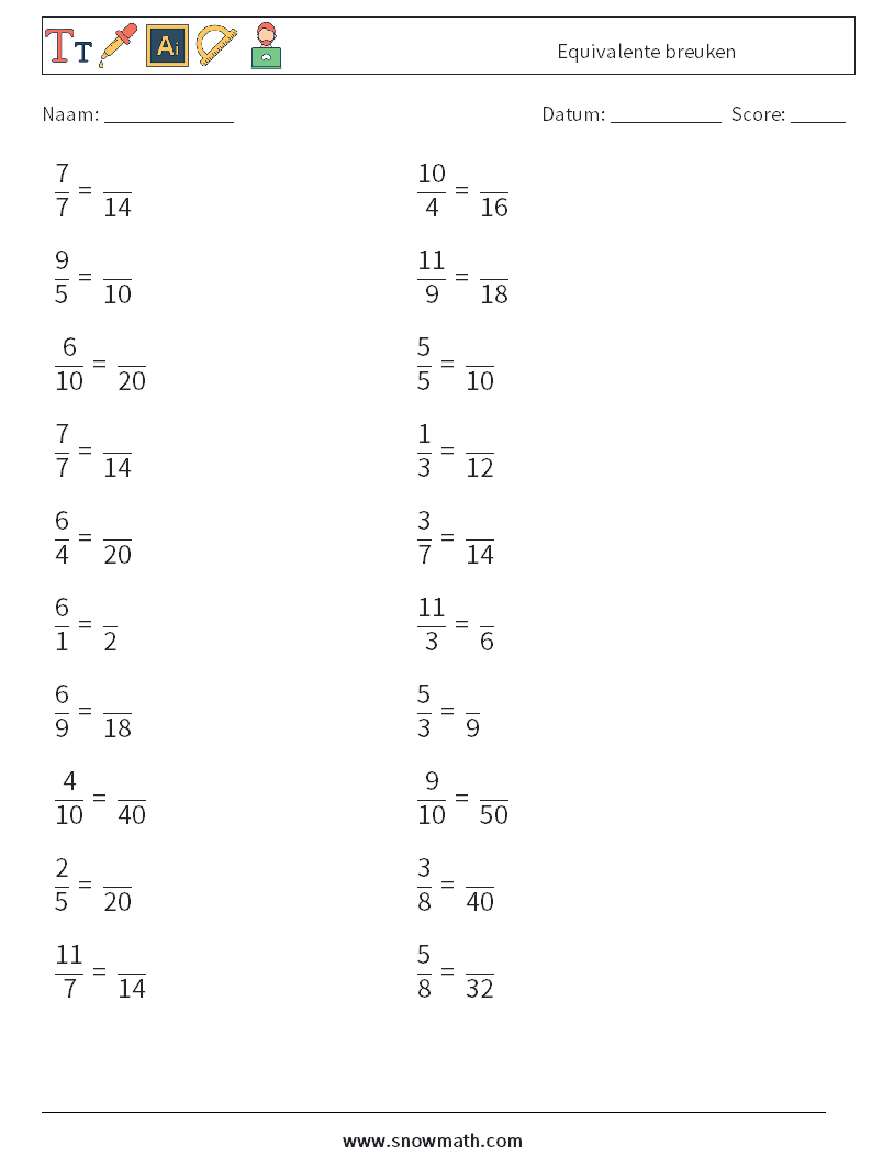 (20) Equivalente breuken Wiskundige werkbladen 5