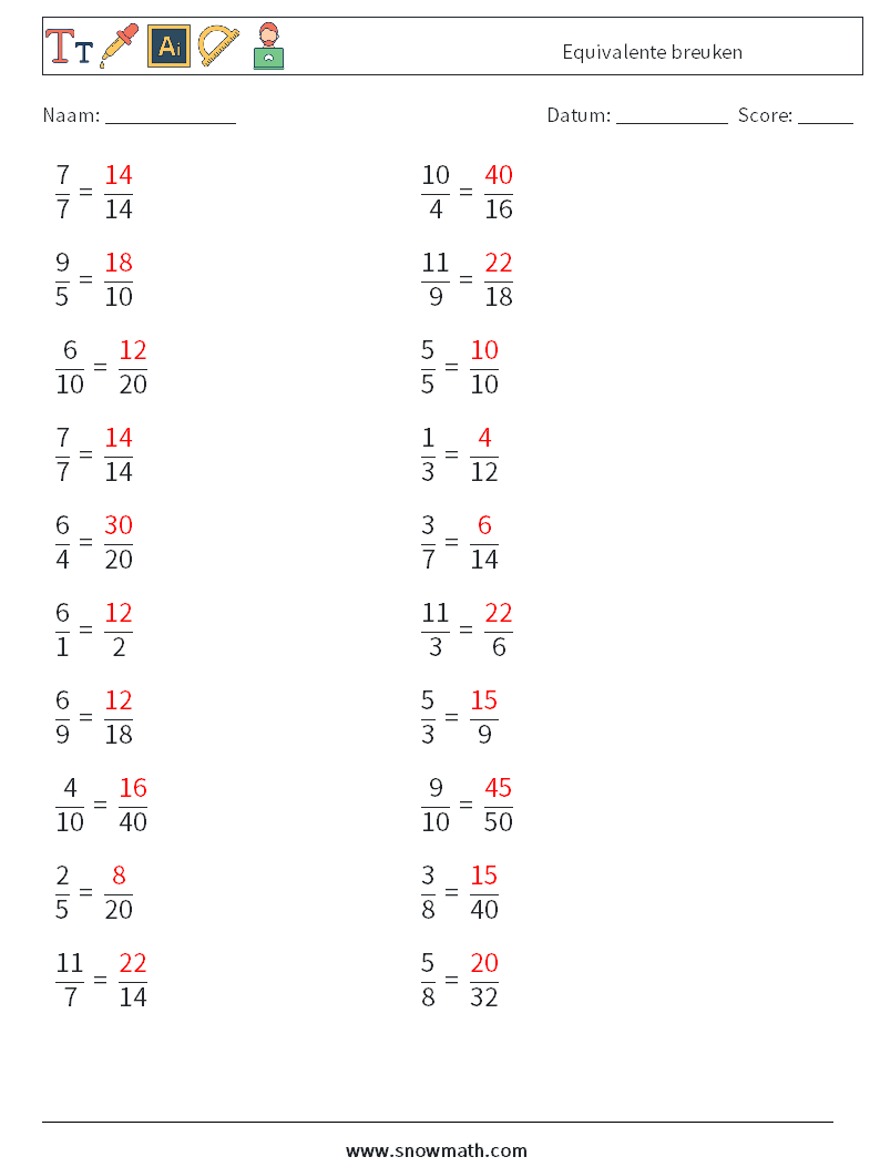 (20) Equivalente breuken Wiskundige werkbladen 5 Vraag, Antwoord