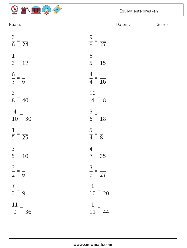 (20) Equivalente breuken Wiskundige werkbladen 6