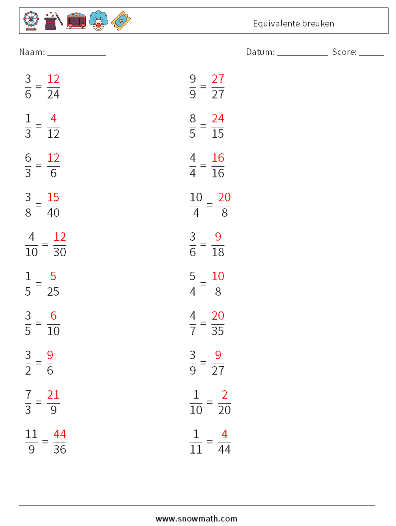 (20) Equivalente breuken Wiskundige werkbladen 6 Vraag, Antwoord