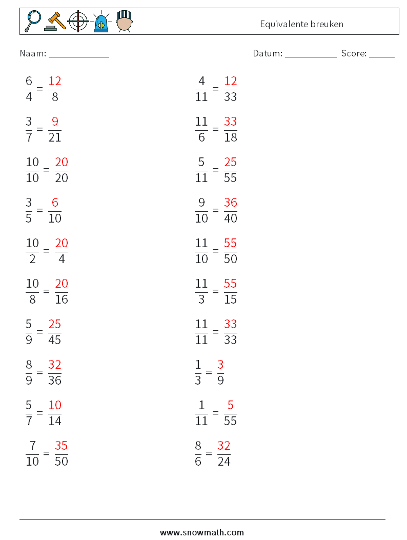 (20) Equivalente breuken Wiskundige werkbladen 7 Vraag, Antwoord