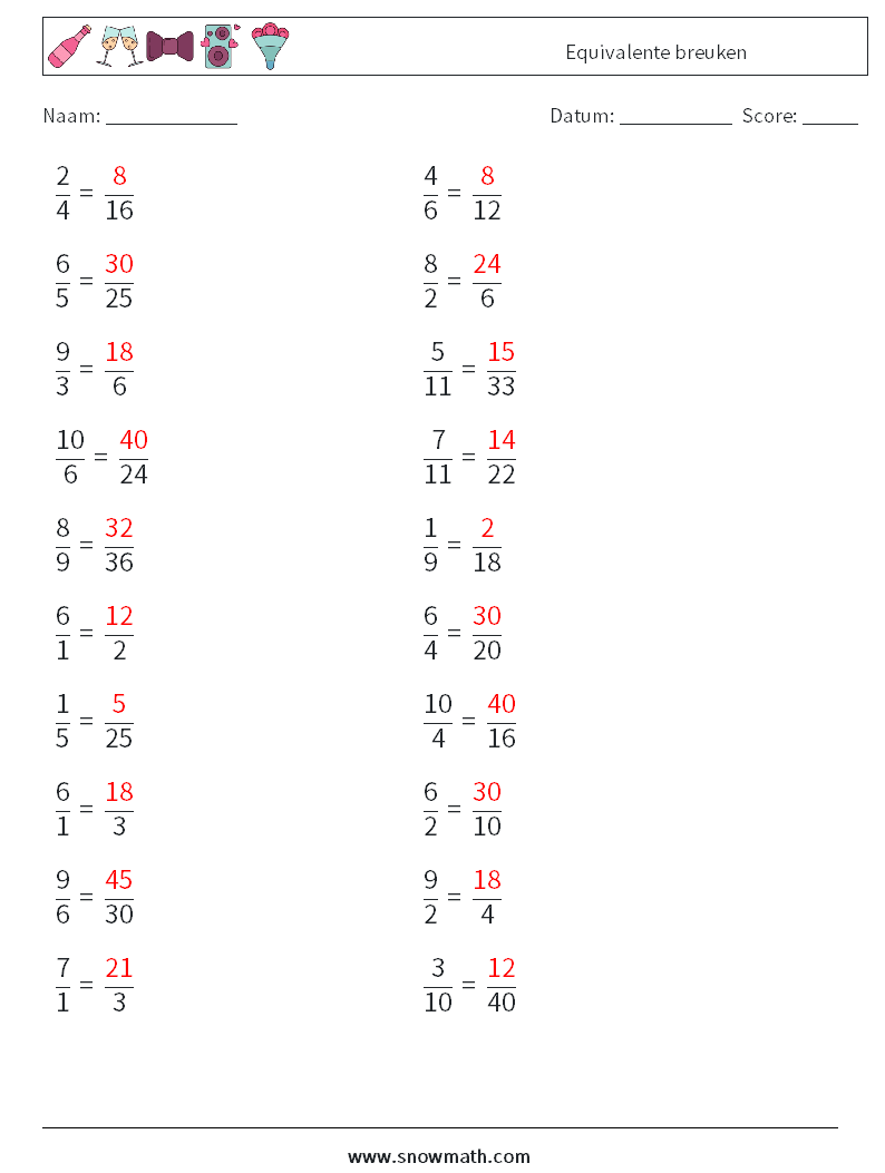 (20) Equivalente breuken Wiskundige werkbladen 8 Vraag, Antwoord