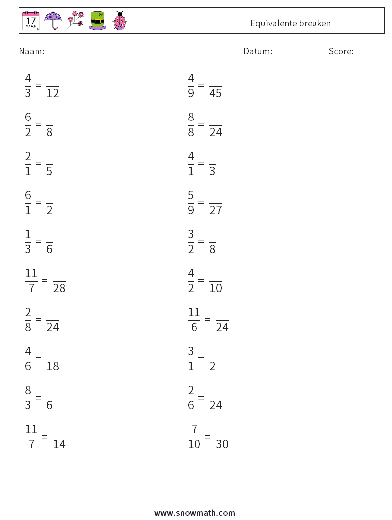 (20) Equivalente breuken Wiskundige werkbladen 9