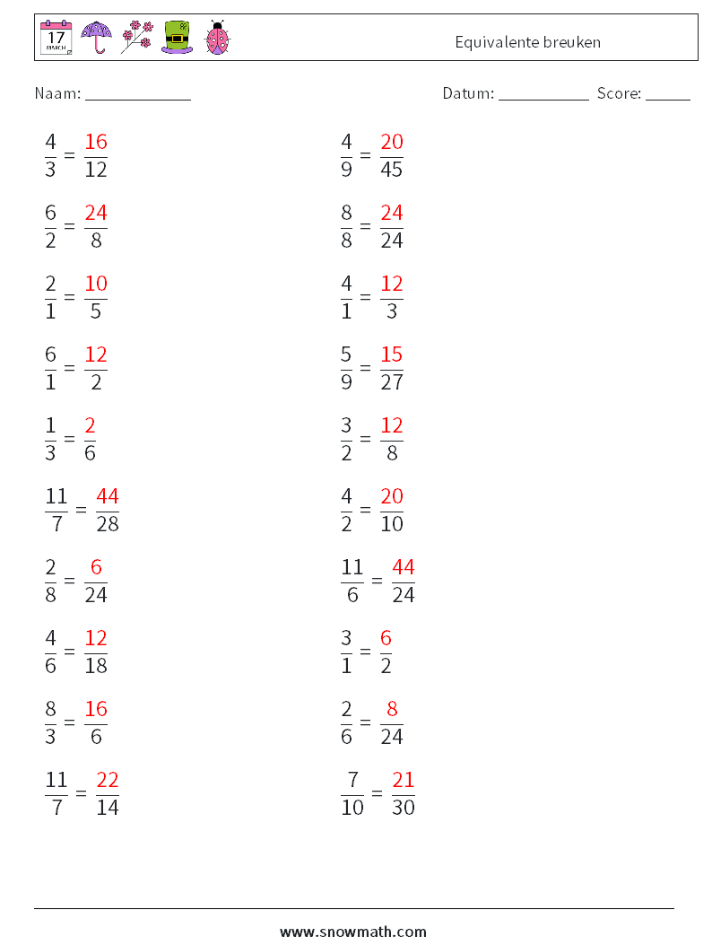 (20) Equivalente breuken Wiskundige werkbladen 9 Vraag, Antwoord