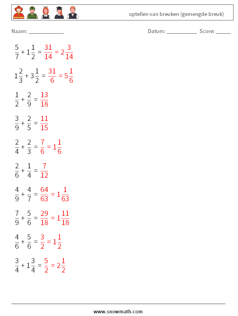 (10) optellen van breuken (gemengde breuk) Wiskundige werkbladen 12 Vraag, Antwoord