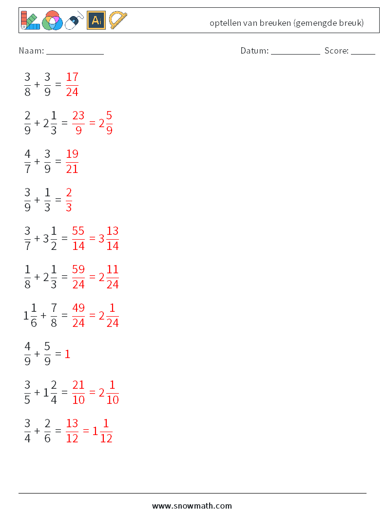 (10) optellen van breuken (gemengde breuk) Wiskundige werkbladen 13 Vraag, Antwoord