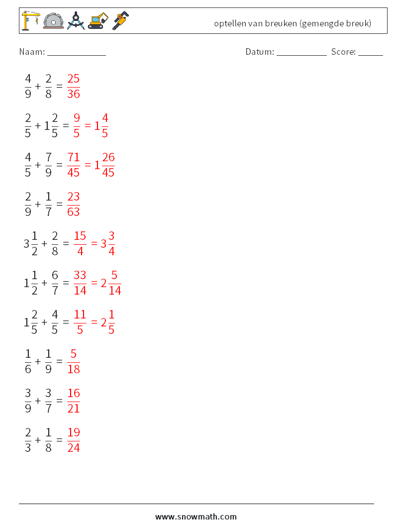 (10) optellen van breuken (gemengde breuk) Wiskundige werkbladen 14 Vraag, Antwoord