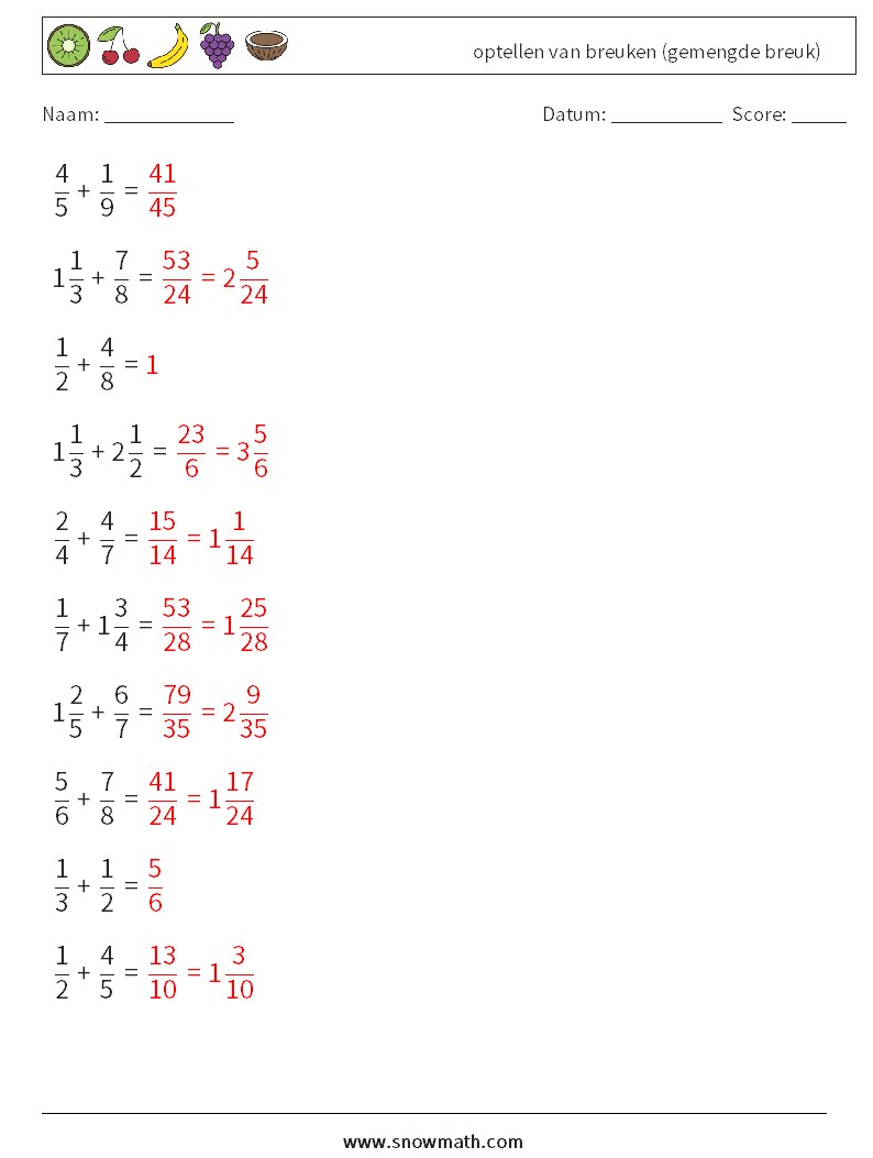 (10) optellen van breuken (gemengde breuk) Wiskundige werkbladen 17 Vraag, Antwoord