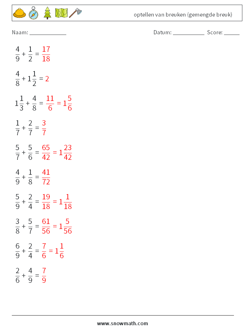 (10) optellen van breuken (gemengde breuk) Wiskundige werkbladen 18 Vraag, Antwoord