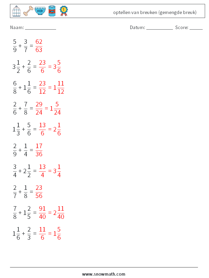 (10) optellen van breuken (gemengde breuk) Wiskundige werkbladen 1 Vraag, Antwoord