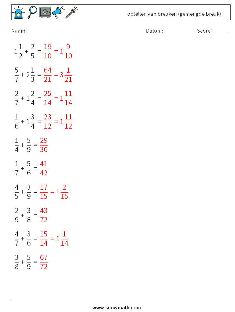 (10) optellen van breuken (gemengde breuk) Wiskundige werkbladen 2 Vraag, Antwoord