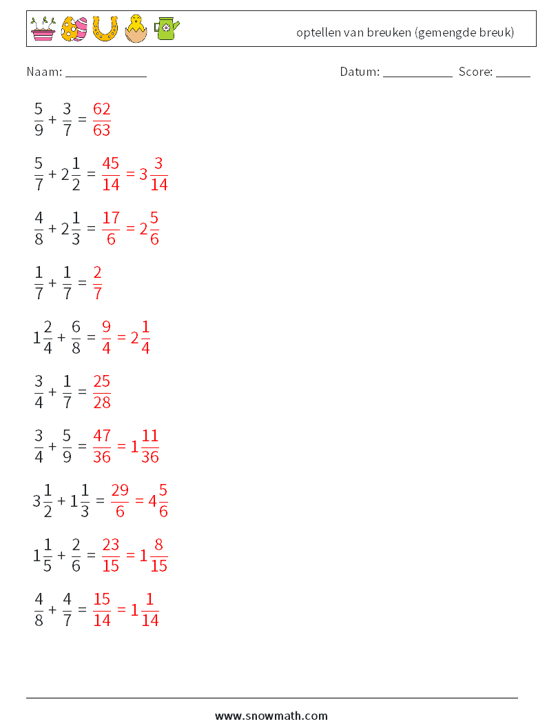 (10) optellen van breuken (gemengde breuk) Wiskundige werkbladen 4 Vraag, Antwoord