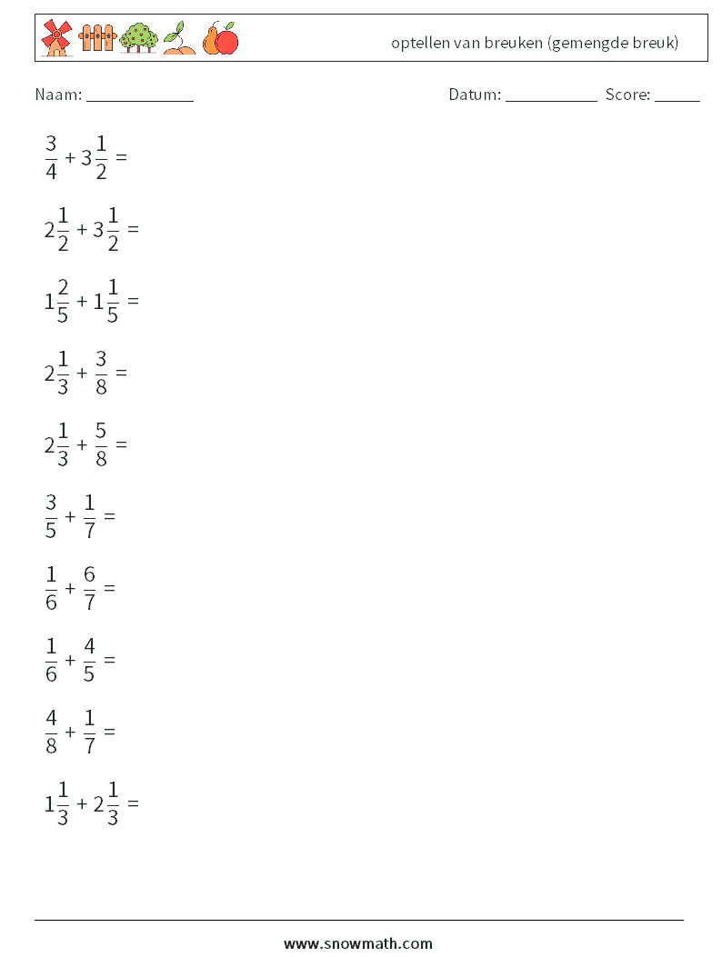 (10) optellen van breuken (gemengde breuk) Wiskundige werkbladen 5