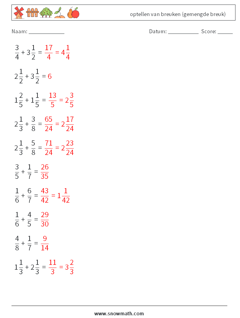 (10) optellen van breuken (gemengde breuk) Wiskundige werkbladen 5 Vraag, Antwoord