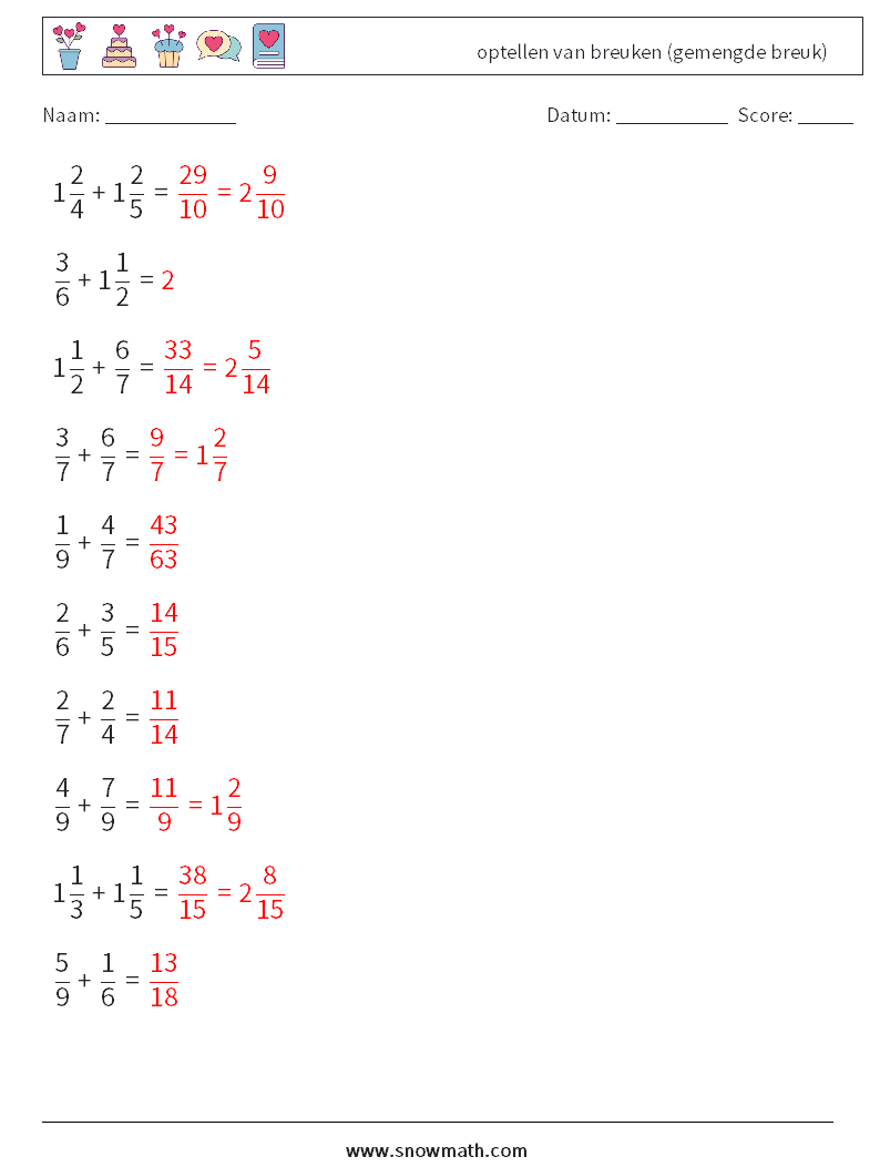 (10) optellen van breuken (gemengde breuk) Wiskundige werkbladen 7 Vraag, Antwoord