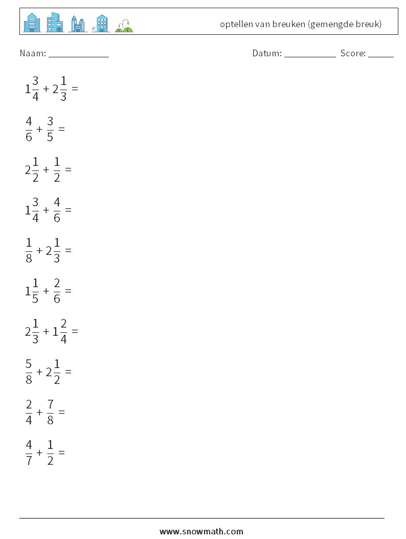 (10) optellen van breuken (gemengde breuk) Wiskundige werkbladen 8