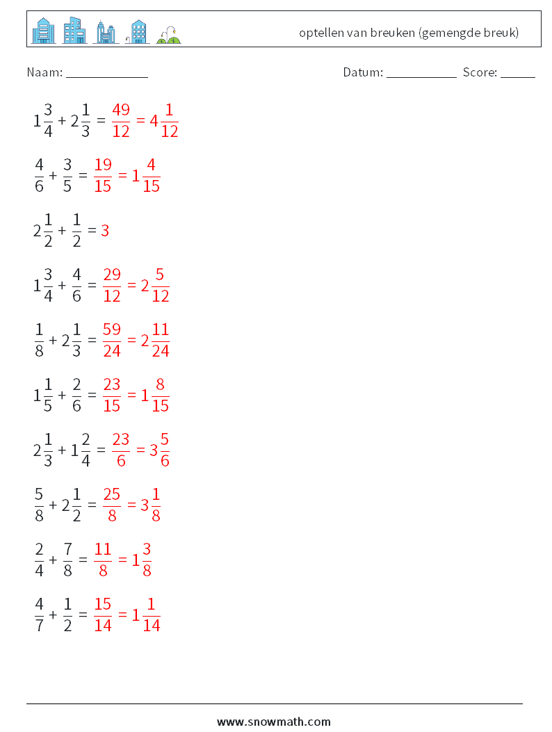 (10) optellen van breuken (gemengde breuk) Wiskundige werkbladen 8 Vraag, Antwoord