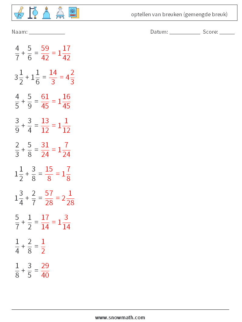 (10) optellen van breuken (gemengde breuk) Wiskundige werkbladen 9 Vraag, Antwoord