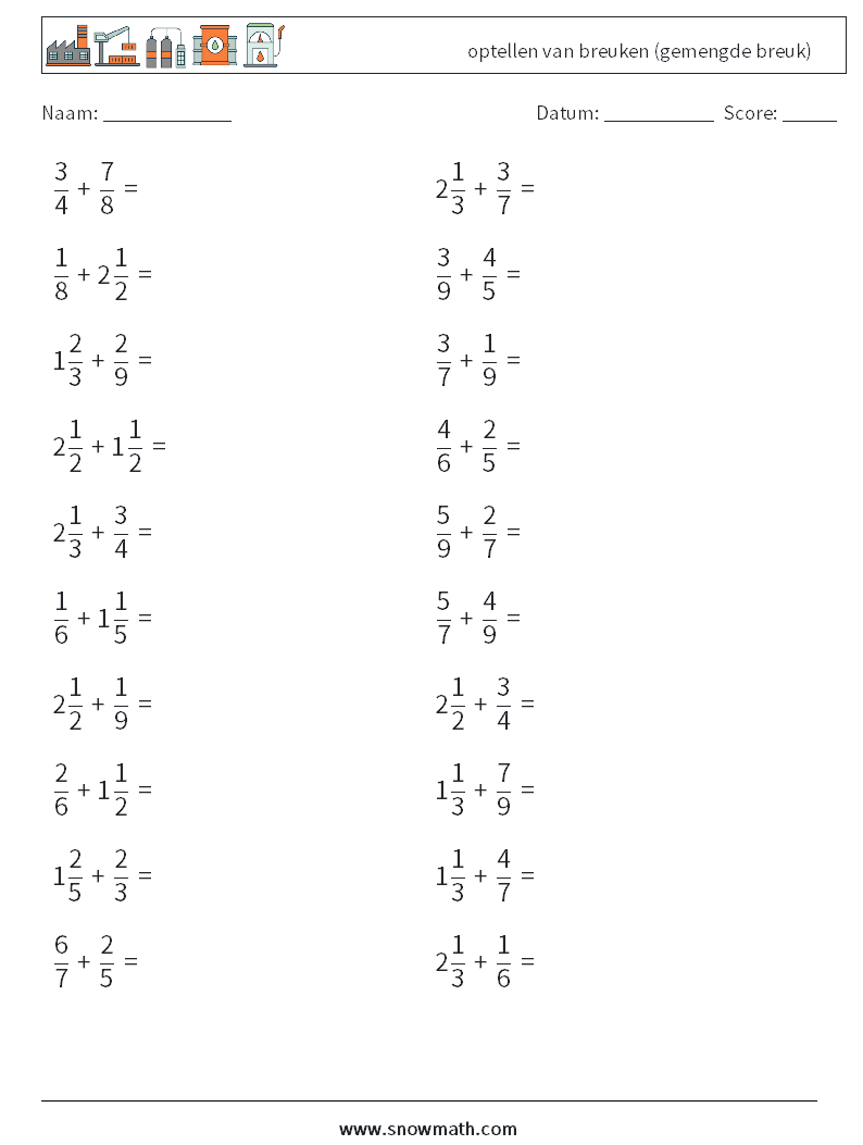 (20) optellen van breuken (gemengde breuk) Wiskundige werkbladen 10