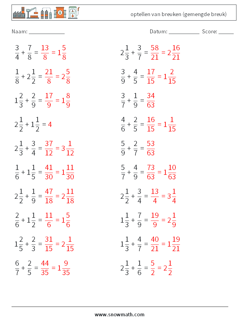 (20) optellen van breuken (gemengde breuk) Wiskundige werkbladen 10 Vraag, Antwoord