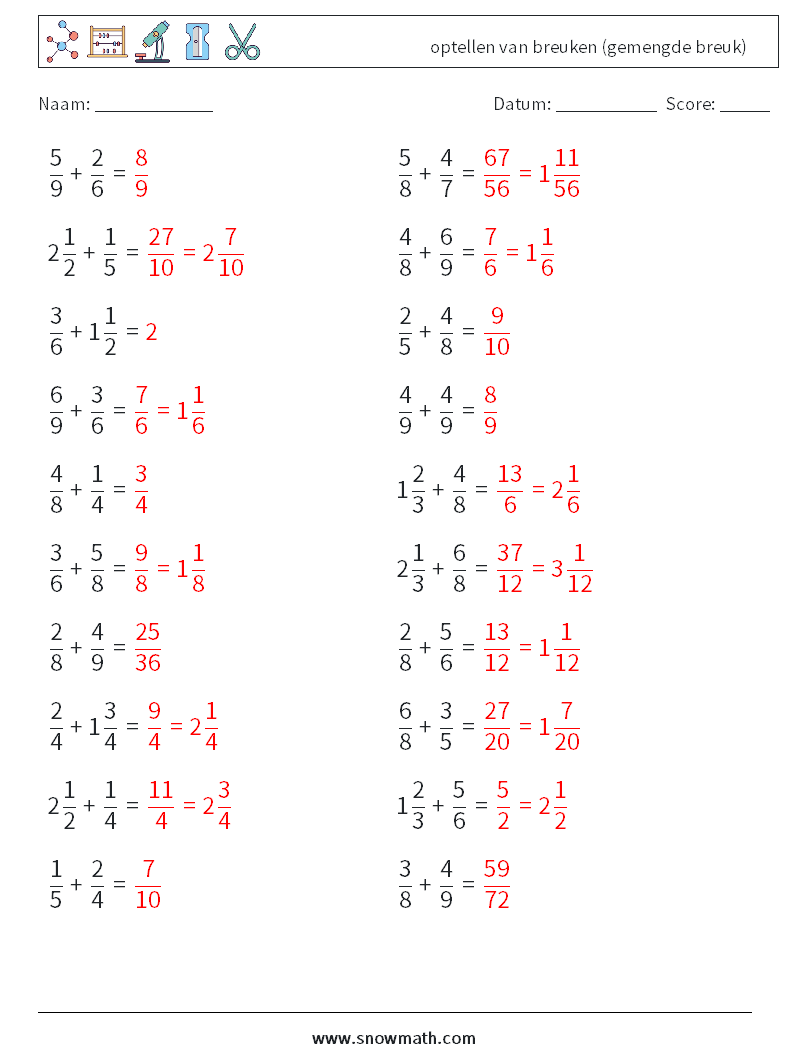 (20) optellen van breuken (gemengde breuk) Wiskundige werkbladen 13 Vraag, Antwoord