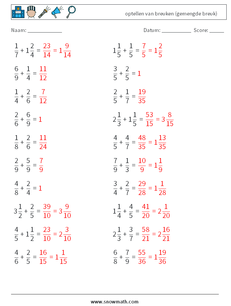 (20) optellen van breuken (gemengde breuk) Wiskundige werkbladen 14 Vraag, Antwoord
