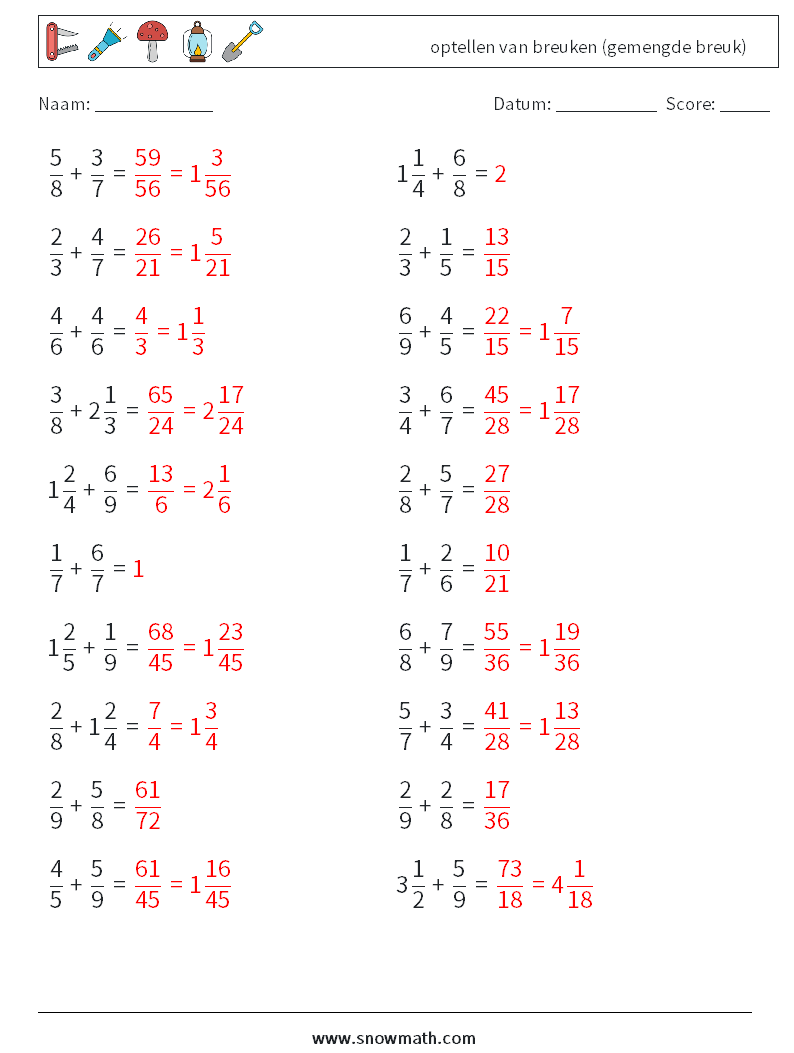 (20) optellen van breuken (gemengde breuk) Wiskundige werkbladen 15 Vraag, Antwoord