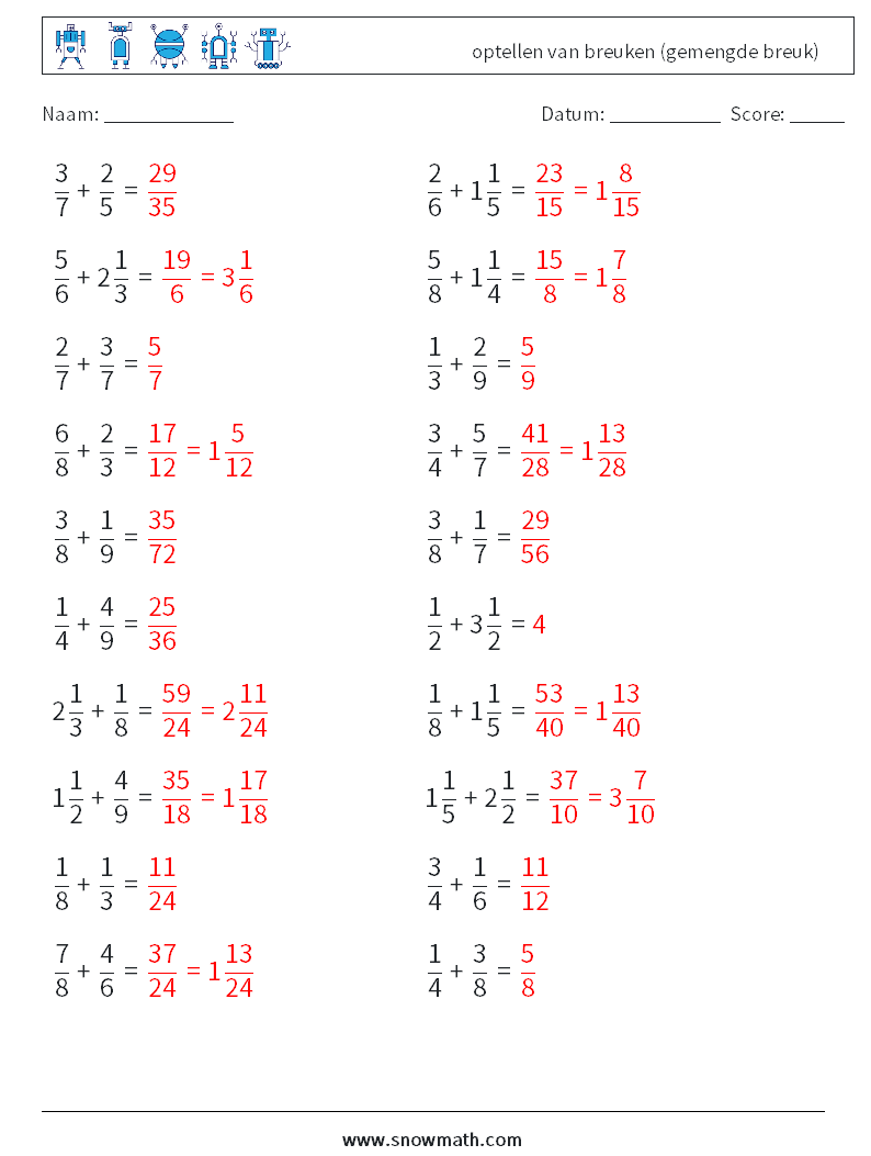 (20) optellen van breuken (gemengde breuk) Wiskundige werkbladen 17 Vraag, Antwoord