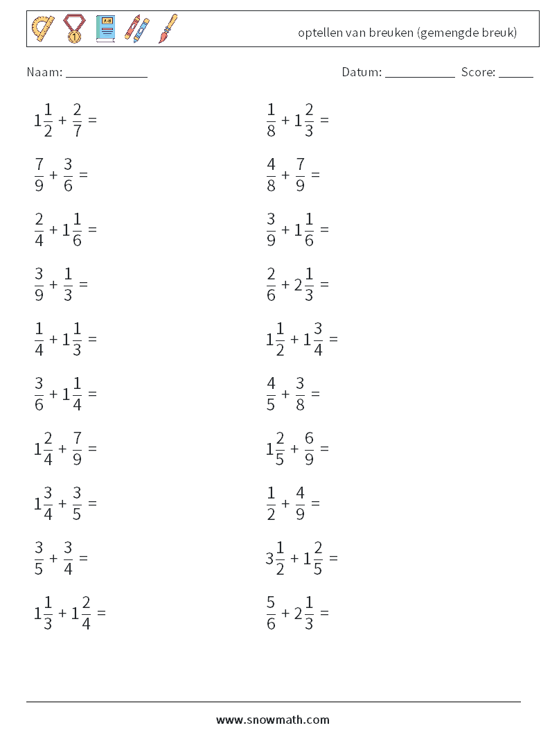 (20) optellen van breuken (gemengde breuk) Wiskundige werkbladen 18