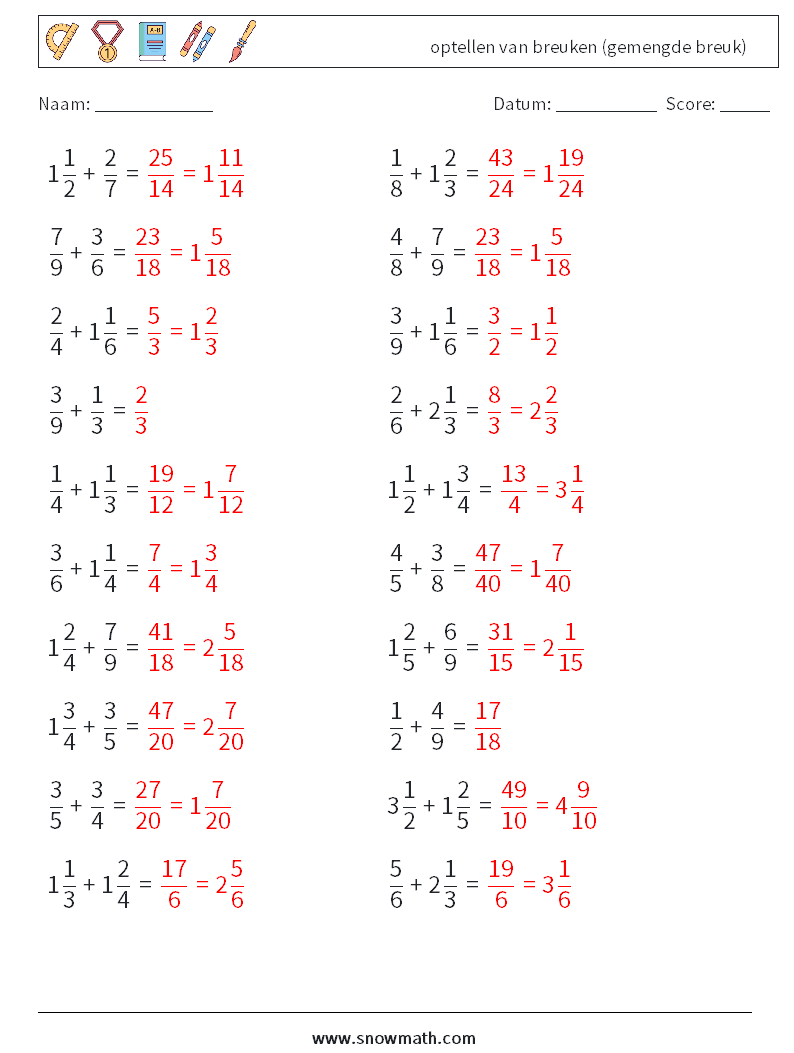 (20) optellen van breuken (gemengde breuk) Wiskundige werkbladen 18 Vraag, Antwoord