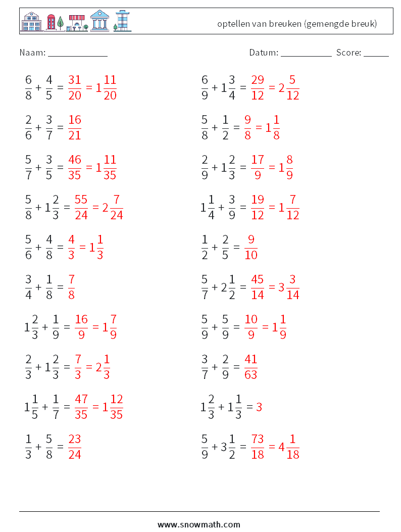 (20) optellen van breuken (gemengde breuk) Wiskundige werkbladen 1 Vraag, Antwoord