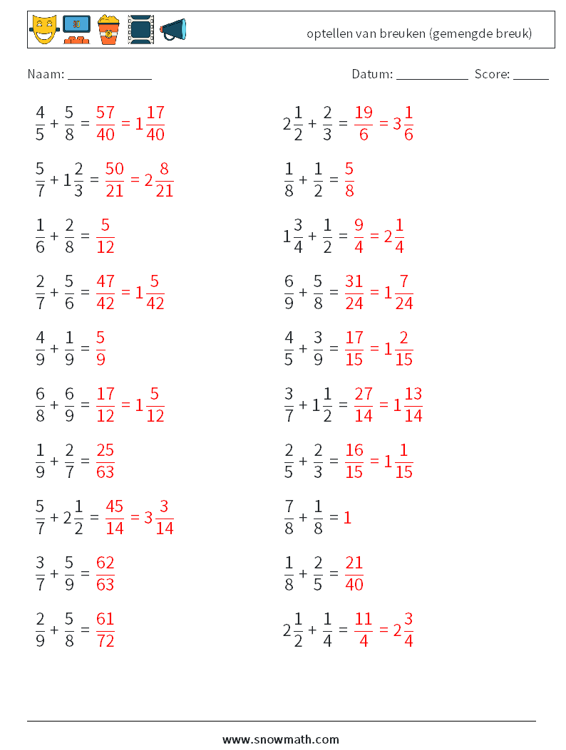 (20) optellen van breuken (gemengde breuk) Wiskundige werkbladen 2 Vraag, Antwoord
