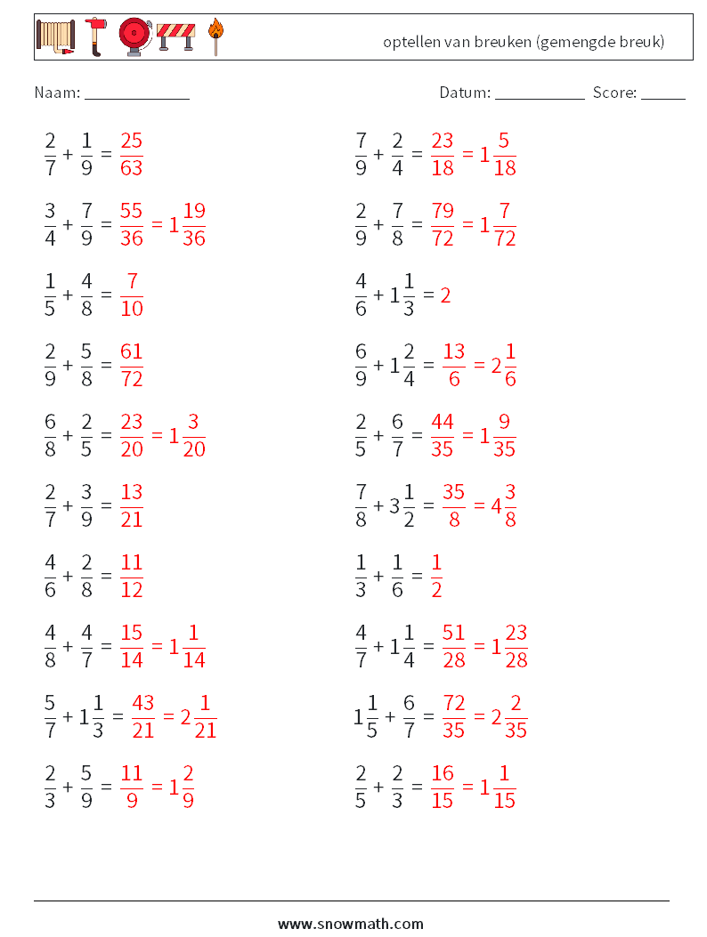 (20) optellen van breuken (gemengde breuk) Wiskundige werkbladen 3 Vraag, Antwoord