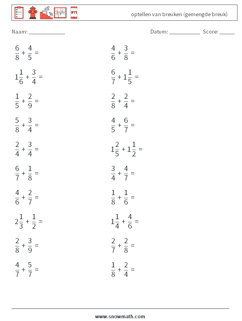 (20) optellen van breuken (gemengde breuk) Wiskundige werkbladen 4